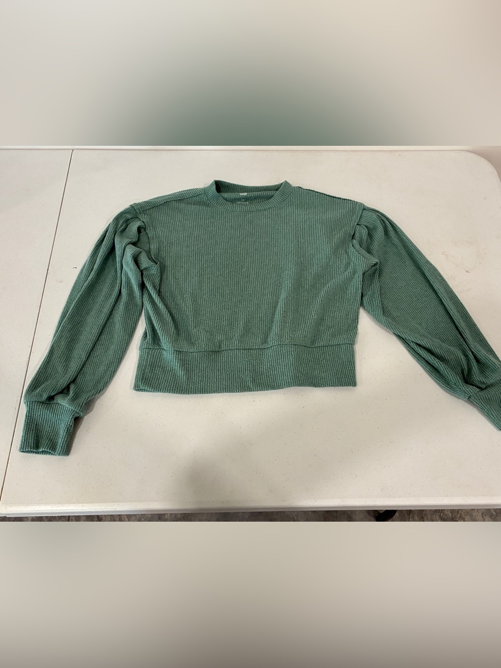 SO Teal Ribbed Crewneck Sweater XS Puff Balloon Sleeve Knit Textured